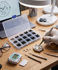No Fuss Miniature Self Tapping Screw Assortment Kit With 1000 Carbon Steel Pan Head Fasteners in use for watch repair.