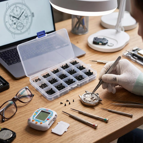No Fuss Miniature Self Tapping Screw Assortment Kit With 1000 Carbon Steel Pan Head Fasteners in use for watch repair.