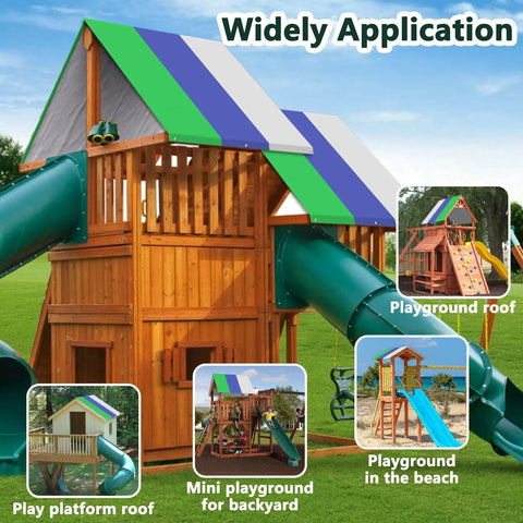 Swing Set Replacement Tarp 52 X 90 Inches For Kid Friendly Playset Canopy Waterproof And UV Shield Roof Cover shown on playground roof