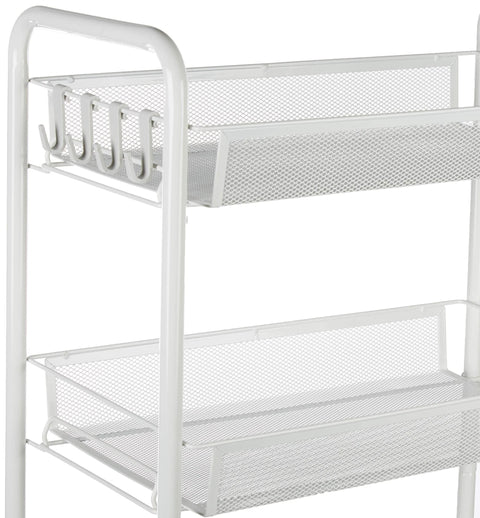 4 Tier Rolling Utility Storage Cart On Wheels In White Carbon Steel With Epoxy Coated Finish, side view of shelves and hooks