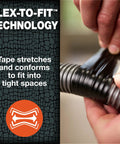 Flexible Waterproof Tape For Quick Fixes And Heavy Duty Repairs, Leaks, Roof Patches, UV And Weather Resistant Black Tape 1.88 Inch By 30 Foot being applied to a pipe with the text 'Flex-To-Fit Technology' visible, demonstrating its conforming ability.