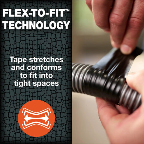 Flexible Waterproof Tape For Quick Fixes And Heavy Duty Repairs, Leaks, Roof Patches, UV And Weather Resistant Black Tape 1.88 Inch By 30 Foot being applied to a pipe with the text 'Flex-To-Fit Technology' visible, demonstrating its conforming ability.