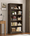 5 Tier Solid Wood Book Shelf Floor Standing Bookcase In Walnut Finish With Arched Base Farmhouse Style 65 Inches Tall 31.5 Inches Wide 11.8 Inches Deep Room Ready For Living Room Or Study And Office showcasing books and decor