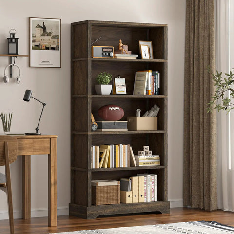 5 Tier Solid Wood Book Shelf Floor Standing Bookcase In Walnut Finish With Arched Base Farmhouse Style 65 Inches Tall 31.5 Inches Wide 11.8 Inches Deep Room Ready For Living Room Or Study And Office showcasing books and decor