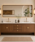 Gimme This Dope 60 Inch Freestanding Double Sink Bathroom Vanity Built From Solid Wood With Dual Stone Basins Smart Anti Fog Mirror And Heavy Duty Waterproof Storage For Zero Hassle Setup Vibes in a bright bathroom setting.
