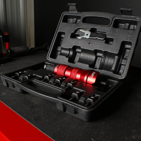 Open case of Pneumatic Rivet Gun Drill Adapter Turn Your Drill Into A Rivet Gun With Quarter Inch Capability And 8 Nosepieces