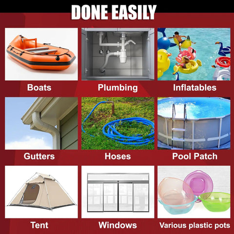 Heavy Duty Waterproof Tape 4 Inch By 10 Ft Rubberized Seal Patch For Active Leaks Sticks On Wet Surfaces Quick Fix Roofs Underwater Pool Liners And Pipes All Weather Emergency Patch Kit For Homeowners And Campers uses chart including boats, plumbing, inflatables, gutters, hoses, pool patch, tent, windows, plastic pots.