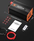 3000W Power Inverter 12V DC To 110V AC Converter With LCD Display, accessories, remote, and cables on black surface