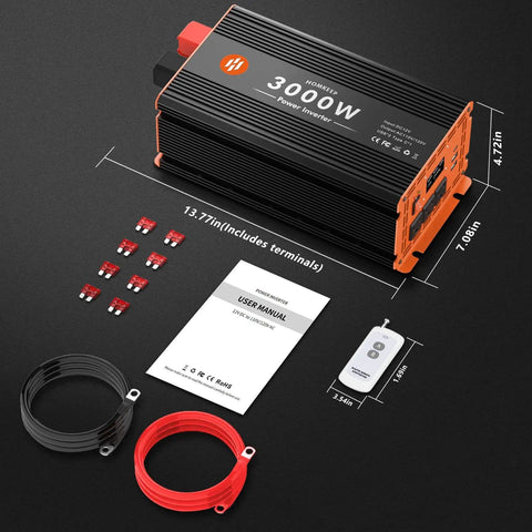 3000W Power Inverter 12V DC To 110V AC Converter With LCD Display, accessories, remote, and cables on black surface