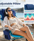 Person relaxing on Two Pack Aluminum Folding Beach Chairs With Four Position Recline And Lay Flat Option on beach.