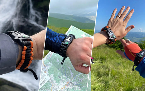 Two Pack Paracord Survival Bracelet Set With Flint Fire Starter Loud Whistle Compass Mini Saw Waterproof Paracord Five In One Gear Adjustable Seven To Nine And A Half Inch Wristbands For Camping Bushcraft And Emergency Prep Black And Orange on wrist outdoors.