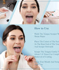 Instructional guide for Stainless Steel Tongue Scraper For Adults 2 Pack With Multicolor Travel Case showing usage steps for oral hygiene.