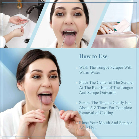 Instructional guide for Stainless Steel Tongue Scraper For Adults 2 Pack With Multicolor Travel Case showing usage steps for oral hygiene.