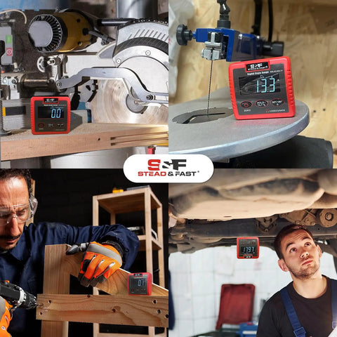 Rock Solid Heavy Duty Magnetic Digital Angle Finder Featuring A Slick Extra Large Auto Invert Lcd Display For Dang Precise Leveling And Easy Shop Job Tracking in various workshop settings.