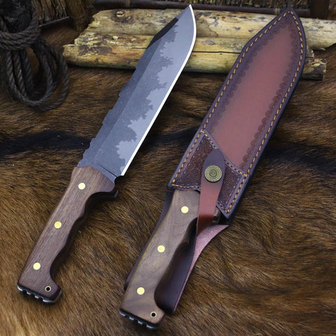 Beefy Fixed Blade Knife With Sheath For Outdoor Hunting Camping And Survival And EDC, 21cm blade, wood handle, leather sheath