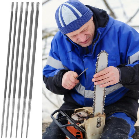 Man using Bulk 12 Pack Chainsaw File Set With Three Sizes Five Thirty Second Inch Three Sixteenth Inch And Seven Thirty Second Inch Round Steel Files for sharpening chainsaw in outdoor setting.