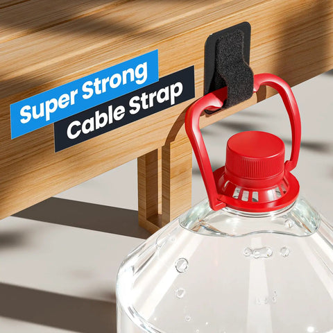 Under Desk Cable Management Kit With 20 Pairs Of 120x40mm Hook And Loop Ties Adjustable Organizer And Cable Hider Clips No More Cable Chaos In Your Home Office shown holding a large water jug with strong black cable strap.