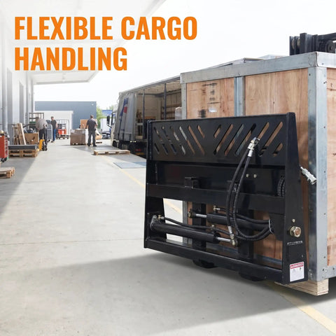 Rock Solid Hydraulic Adjustable Sliding Forks Designed For Your Skid Steer Loader Hauls Up To Two Ton Capacity Without Breaking A Sweat in use for cargo handling.