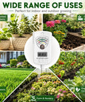 All In One 7 In 1 Soil Tester For Moisture pH Fertility Temperature Humidity And Light Digital Soil Meter For Garden Lawn Farm Indoor And Outdoor Use The Go To Tool For Smart Plant Care. White digital soil meter shown with garden, lawn, pots, and vegetable beds