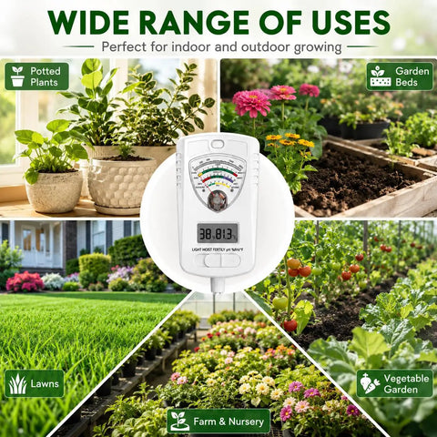 All In One 7 In 1 Soil Tester For Moisture pH Fertility Temperature Humidity And Light Digital Soil Meter For Garden Lawn Farm Indoor And Outdoor Use The Go To Tool For Smart Plant Care. White digital soil meter shown with garden, lawn, pots, and vegetable beds