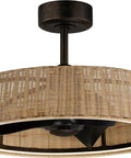 Killer Cooling Coastal Ceiling Fan With Intuitive Smart Control And Sleek Dark Bronze Finish Featuring Heavy Duty Rattan Blades For Super Chill Bedrooms And Living Spaces, dark bronze fan with rattan shade.