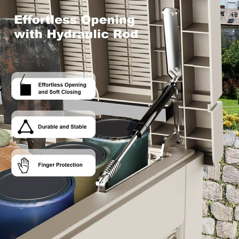 Close-up of grey Waterproof Outdoor Storage Box With 320 Gallon Capacity UV Resistant Resin Deck Box Hydraulic Rod For Smooth Lift