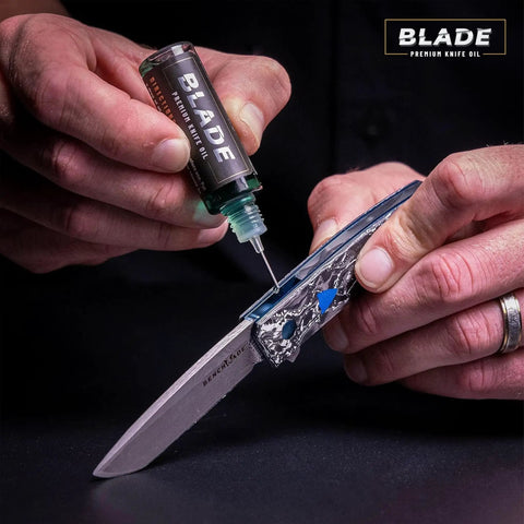 Applying Precision Knife Pivot Oil to folding knife with needle oiler, ideal for EDC, hunting, fishing, and garden tools.