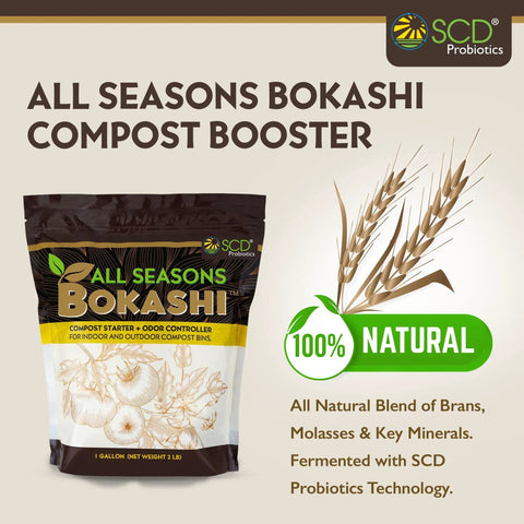 Dry Bokashi Bran Compost Starter For Kitchen And Outdoor Bins 2 Lbs Pack with bag and grain illustration