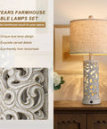 Dual Light Table Lamps With Touch Control, 3-Way Dimmable, 24.75 inch tall ceramic bedside lamp with linen shade, carved details