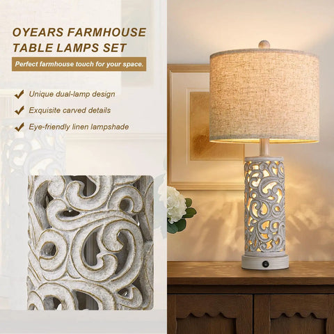 Dual Light Table Lamps With Touch Control, 3-Way Dimmable, 24.75 inch tall ceramic bedside lamp with linen shade, carved details