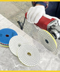 Using 5 Inch Diamond Polishing Pads Kit With 5/8-11 Backer Pad For Wet Or Dry Drill Grinder Polisher on countertop