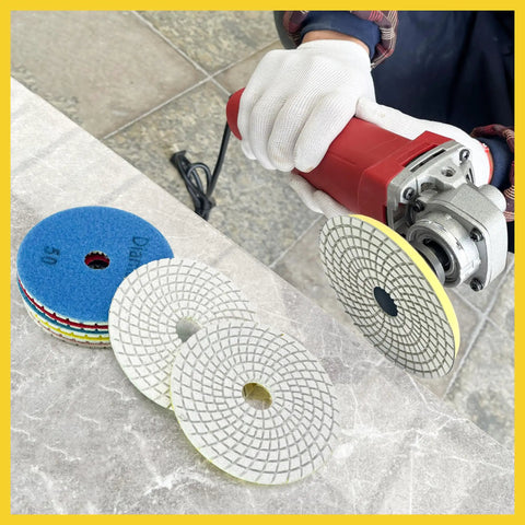 Using 5 Inch Diamond Polishing Pads Kit With 5/8-11 Backer Pad For Wet Or Dry Drill Grinder Polisher on countertop