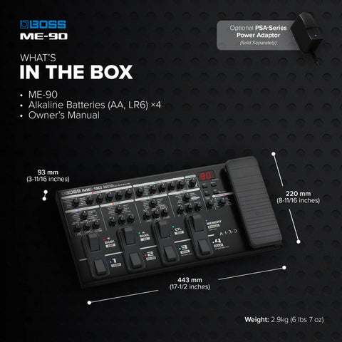 Image showing ME 90 Guitar Multi Effects Processor with dimensions, 11 AIRD amp models, and optional PSA adapter.