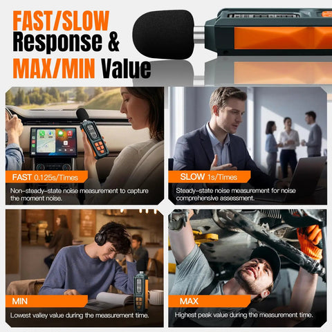 Handy Decibel Meter For Home, Office And Factory, Digital Sound Level Meter With AC Weighting, Reads 30 To 130 dB, Fast And Slow Response, Max And Min Readouts, LCD Screen, Neighbors Noise Checker, Vitality Orange, shown in use