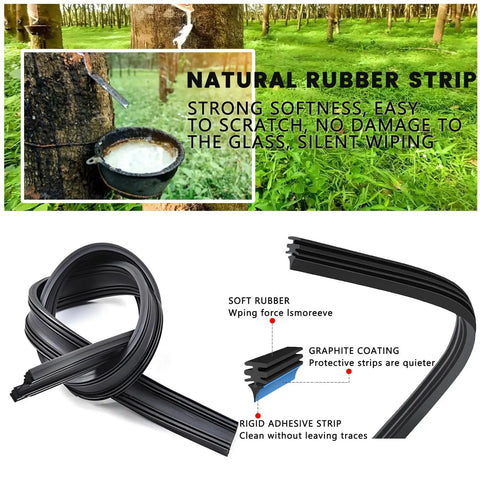 Natural rubber strip used for windshield wipers, soft material with graphite coating, shown in flexible form.