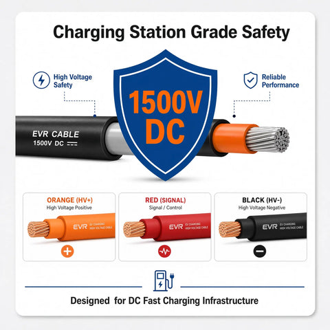 Image showing Heavy Duty Ev Charging Cable 32 Ft 2 Awg High Voltage Xlpe Insulated EVSE Charge Cord For 1500 Vdc labeled with safety features.