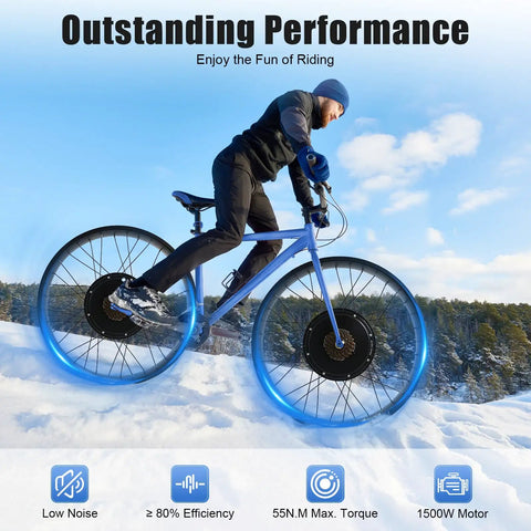 Cyclist riding snow with Beefy 1500W 48V Rear Hub Ebike Conversion Kit With LCD Display, Controller And Shifter