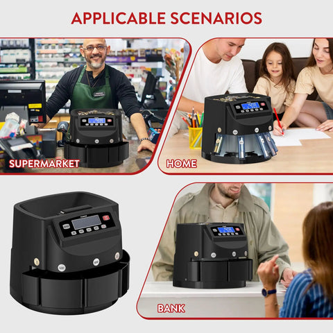 Coin Counter Machine Sorter For Change With Wrapper Roller in supermarket, home, and bank settings