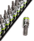 Bi-Directional RPT Star Driver Set, 9 Piece, T6 Through T40, One Quarter Inch Drive, S2 Steel Construction, socket rail detail