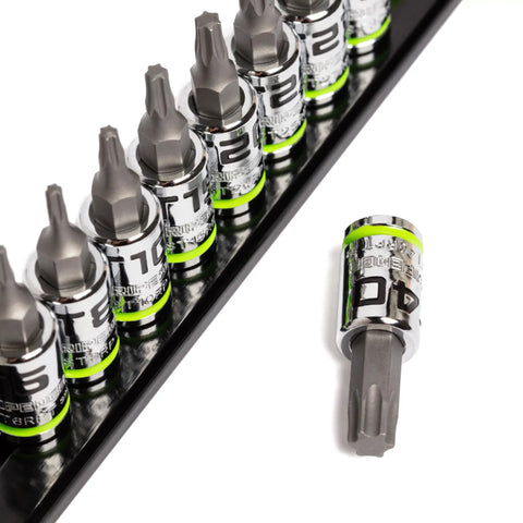 Bi-Directional RPT Star Driver Set, 9 Piece, T6 Through T40, One Quarter Inch Drive, S2 Steel Construction, socket rail detail