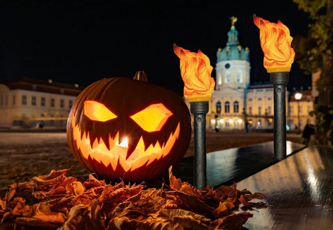 Halloween scene with pumpkin and Realistic Flameless LED Torch Light Prop Lamp For Parties, Holidays, Patio Decor, Backyard Fun And Outdoor Sports Activities, Easy To Setup Handheld Style, Battery Powered, Eco Friendly, No Fuel Or Smoke Or Wiring