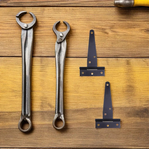 Heavy Duty T-Shaped Iron Door Hinges With Screws for garden gates and big cabinets on wooden surface with tools