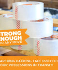 Heavy Duty Clear Packing Tape 2.7 Mil, 36 Rolls Each 60 Yards, Beefy Adhesive For Moving Boxes And Shipping Cartons, Office And Storage Use, Long Lasting Sealing And Easy Wrapping displayed with cardboard sign highlighting strength