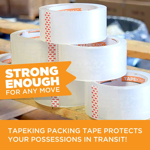 Heavy Duty Clear Packing Tape 2.7 Mil, 36 Rolls Each 60 Yards, Beefy Adhesive For Moving Boxes And Shipping Cartons, Office And Storage Use, Long Lasting Sealing And Easy Wrapping displayed with cardboard sign highlighting strength