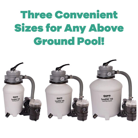 SandPRO 75D Series 0.75HP Replacement Pool Sand Filter Unit For Intex And Bestway Above Ground Pools displayed in three sizes