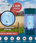 Beefy Two Acre Outdoor Bug Zapper With Dual Lure, 120W UV Light And Octenol Attractant, 5600V Kill Grid, shown in outdoor setting.
