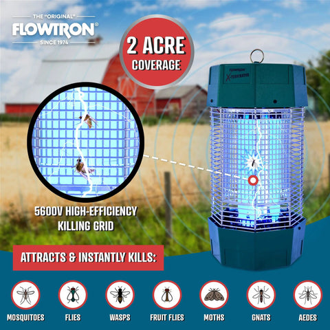 Beefy Two Acre Outdoor Bug Zapper With Dual Lure, 120W UV Light And Octenol Attractant, 5600V Kill Grid, shown in outdoor setting.