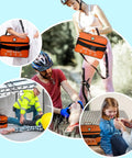 435 Piece First Aid Kit With CPR Essentials And Gauze Grab And Go Ready With Organized Compartments For Easy Access Great For Home Camping Travel Boat Car And Outdoor Adventures In Bright Orange shown in various outdoor and indoor scenes.