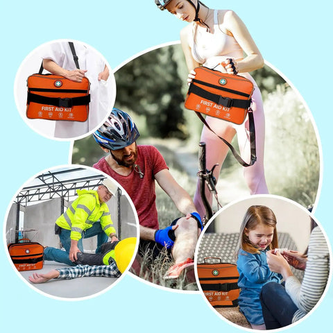 435 Piece First Aid Kit With CPR Essentials And Gauze Grab And Go Ready With Organized Compartments For Easy Access Great For Home Camping Travel Boat Car And Outdoor Adventures In Bright Orange shown in various outdoor and indoor scenes.