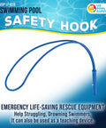 Heavy Duty Aluminum Pool Safety Hook Pole Engineered For Emergency Lifesaving Rescue To Reach Struggling Swimmers Fast Grab And Go with blue design.
